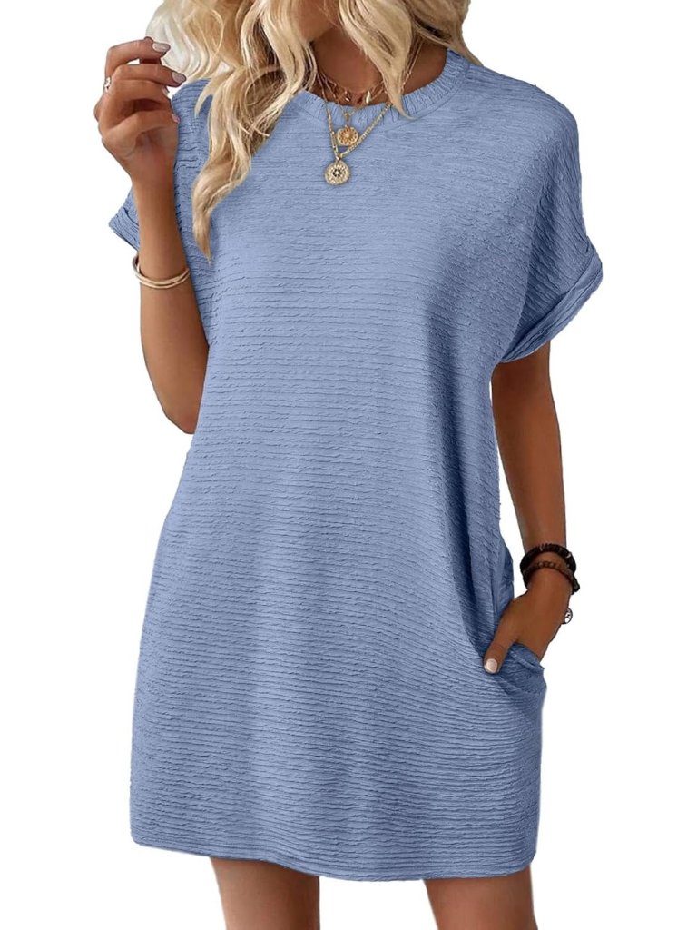 Women's Mini Dress Blue Crew Neck Short Sleeve Short Bra Athletic Summer